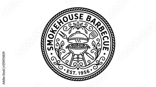 Vintage style round badge logo for Smokehouse Barbecue establishment.