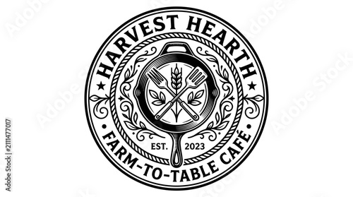 Vintage style round logo for farm to table cafe featuring a cast iron skillet.