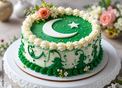 AI Generated Pakistan Independence Day Cake with Crescent and Star