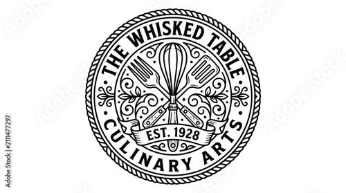 Vintage style round logo for The Whisked Table culinary arts establishment.