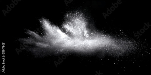 Фотография Explosion white powder cloud, dramatic burst fine particles, dynamic energy release against stark black background, creating a powerful visual effect