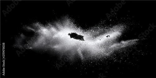 Fotografie Explosive burst white powder particles in mid-air creating dramatic chaotic cloud against stark black background