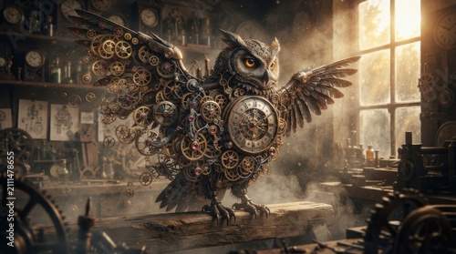 Steampunk mechanical owl in a clockmaker workshop