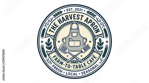 Vintage style logo for The Harvest Apron farm to table cafe.