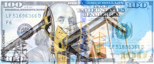 Collage of american dollars and crude oil pumps. Petroleum, petrodollar and crude oil concept