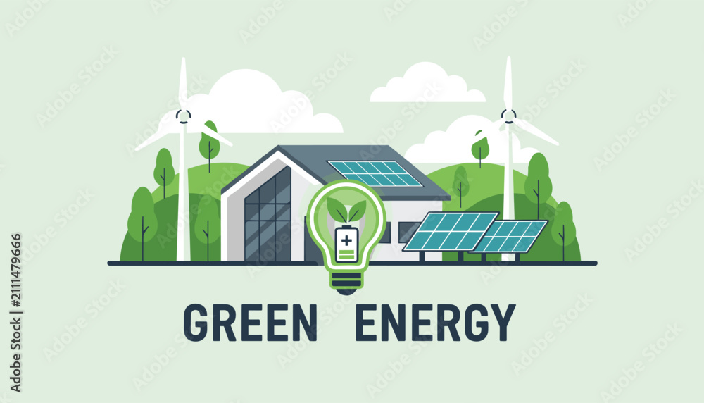 Obraz premium Modern eco friendly home is powered by green energy from solar panels, wind turbines, and smart battery storage.