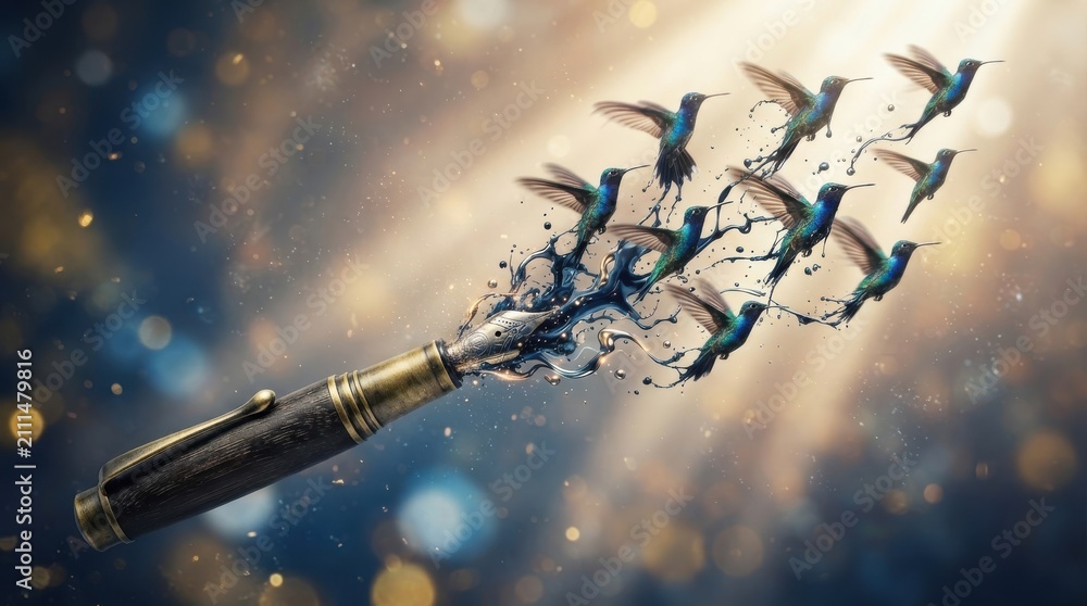 Obraz premium Fountain pen transforming into flying hummingbirds