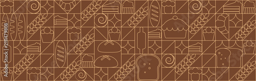 Bread and pastries background. Abstract bakery menu background with line drawing. Geometric pattern bread, croissant, donut. Mosaic seamless pattern of bakery.