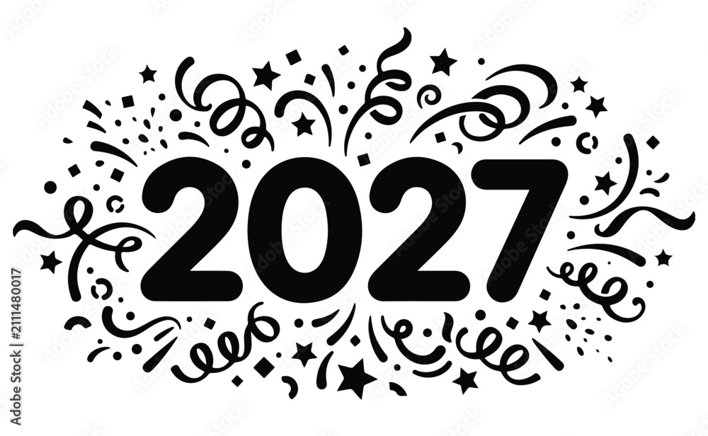 Fototapeta premium Festive black 2027 new year text surrounded by hand drawn doodle confetti ribbons and star bursts background