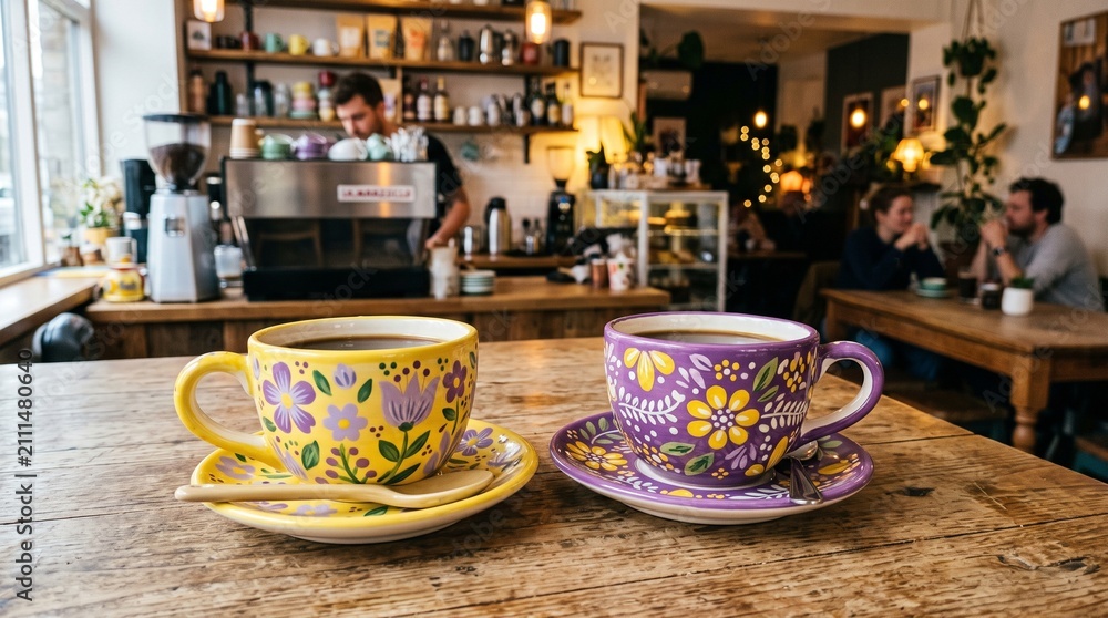 Fototapeta premium Two decorative ceramic coffee cups on a wooden table in a cafe with beverage