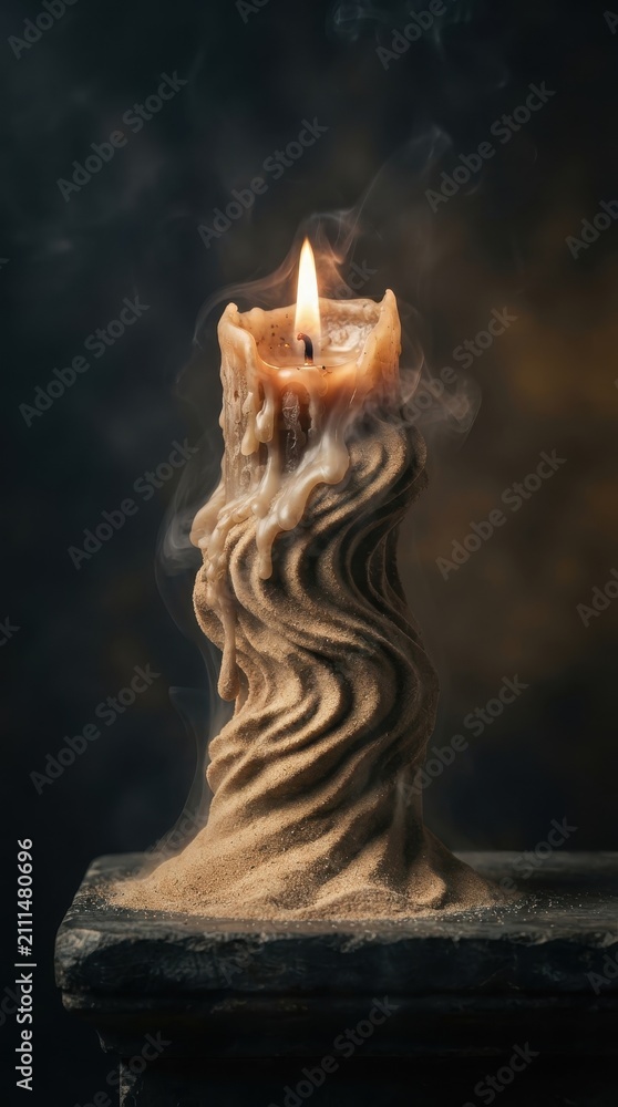 Fototapeta premium Lit candle with sculpted wax base and smoke