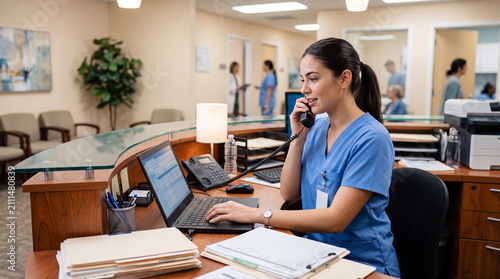 Side view of young nurse in scrubs answering phone and entering data on laptop at hospital reception desk, medical scheduling concept