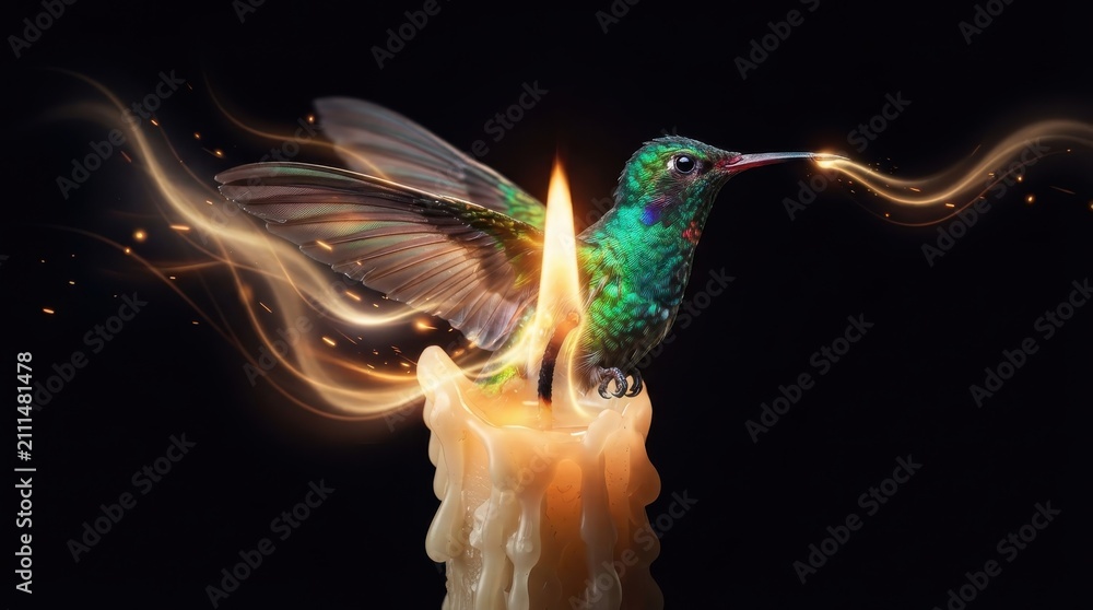 Obraz premium Hummingbird perched on a lit candle with swirling light effects
