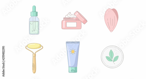 Skincare products and tools flat illustration