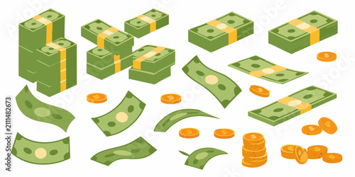 Foto Stacks Of Money And Coins Colorful Vector Illustration