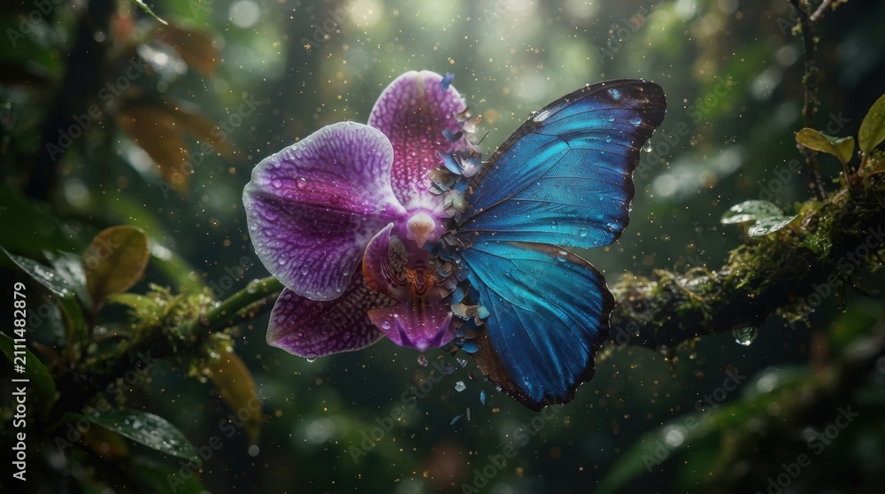 Fototapeta premium Hybrid orchid flower merging with blue butterfly wing in rainforest