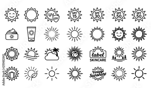 Premium Hand Drawn Sun Line Icon Pack with UV Protection SPF Sunscreen and Summer Sunshine Vector Symbols