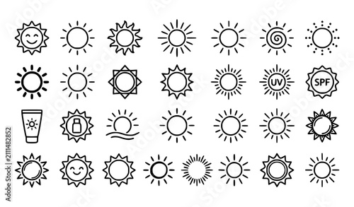 Hand Drawn Sun Doodle Icon Set with SPF Sunscreen UV Protection and Summer Sunshine Symbols Vector