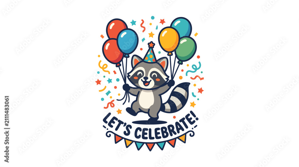 Fototapeta premium Cute cartoon raccoon celebrating with colorful party balloons and festive decorations.