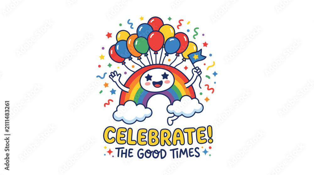 Naklejka premium Happy Cartoon Rainbow Character Celebrating with Colorful Balloons and Confetti.
