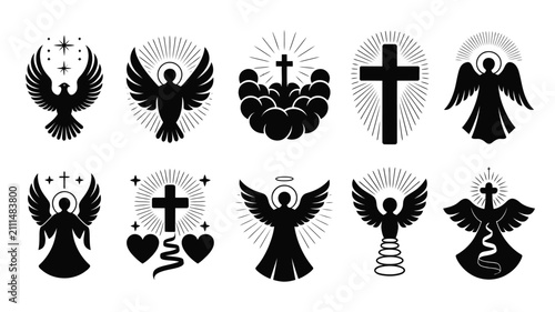 Obraz na płótnie Elegant black and white religious angelic symbols collection with crosses with r