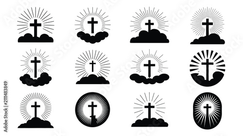 Bild auf Leinwand Twelve stylized black with high contrast icons crosses emerging clouds radiant l