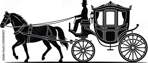 Foto Elegant vintage horse drawn carriage silhouette with a driver in top hat vector