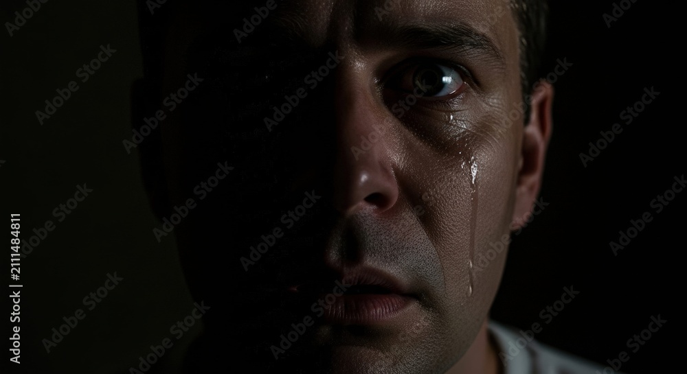 Fototapeta premium dramatic close-up portrait of a crying man with a tear rolling down his cheek in shadow