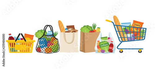 Konstfotografi Colorful collection of grocery shopping bags, baskets, and a cart filled with fr