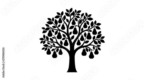 Black silhouette of a fruit-bearing pear tree.