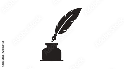 Antique inkwell and feather quill pen silhouette.