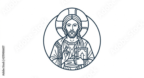 Photos Detailed line art of Jesus Christ with halo and book.