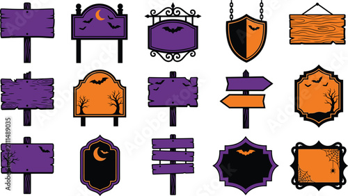Set of halloween wooden signboards, blank banners and hanging signs with bats, moon, spider webs and trees