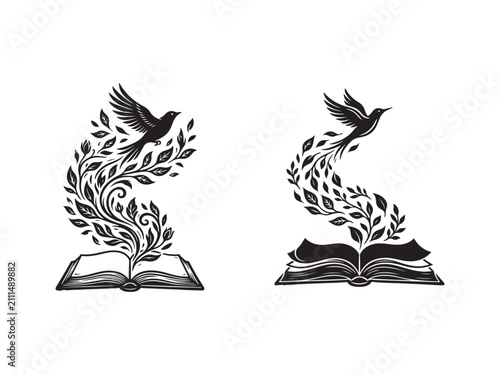 Black and white vector illustration of open books with birds flying out and turning into leaves