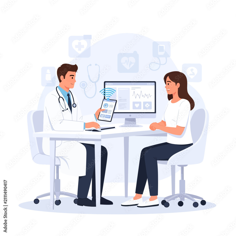Fototapeta premium Doctor And Patient Discussing Health Information On A Digital Screen