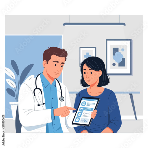 Doctor And Patient Discuss Health Information On Tablet Screen