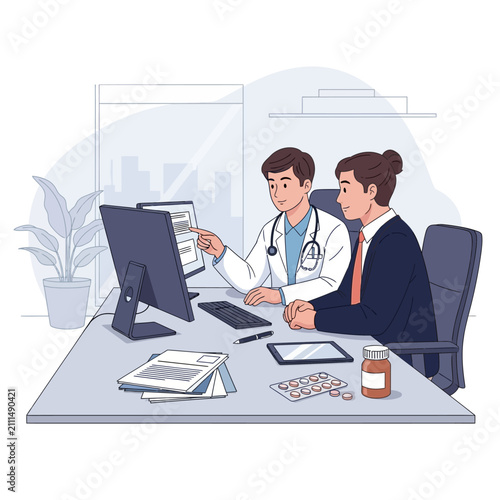 Doctor And Patient Discuss Medical Results On Computer Screen
