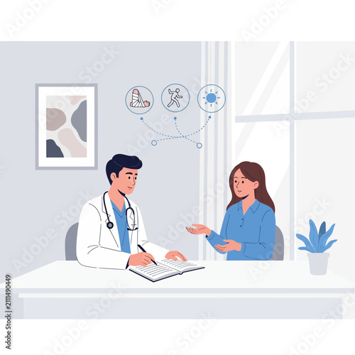 Doctor And Patient Discussing Health And Symptoms In A Modern Clinic