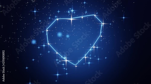 Forming polygon constellation revealing heart, star nodes pulsing, linking in space, comet flashing