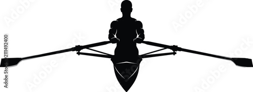 Schilderij op canvas Professional black silhouette of a male rower in a single scull boat facing forw