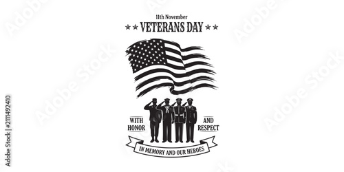 Veterans day graphic with saluting soldiers and wavy american flag symbol