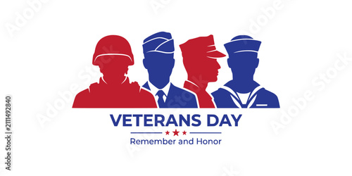 Veterans day red and blue silhouette soldier portraits with veterans, soldiers