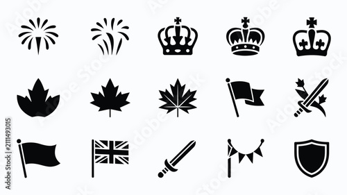 Schilderij op canvas Black and white vector icons showing symbols of royalty national pride with othe