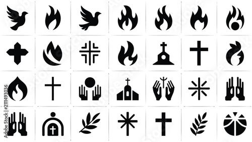 Konstfotografi Minimalist black and white religious symbols vector collection with crosses flam