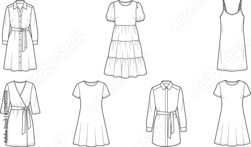 Collection of women dress fashion flat sketches technical drawing line art vector illustrations