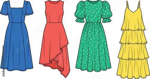 Set of colorful women summer dresses flat sketch vector illustration design templates