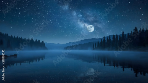 A beautiful full moon illuminates a misty lake surrounded by dark pine forests under a starry night sky.