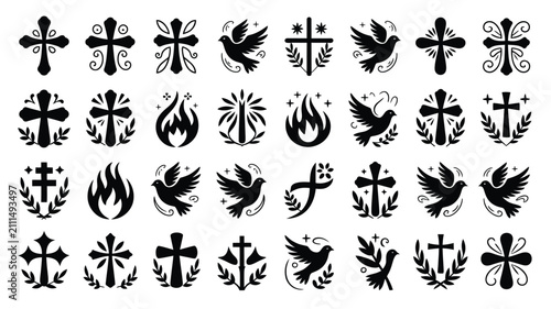Canvas Print Elegant black and white religious symbol vector icons collection with crosses do