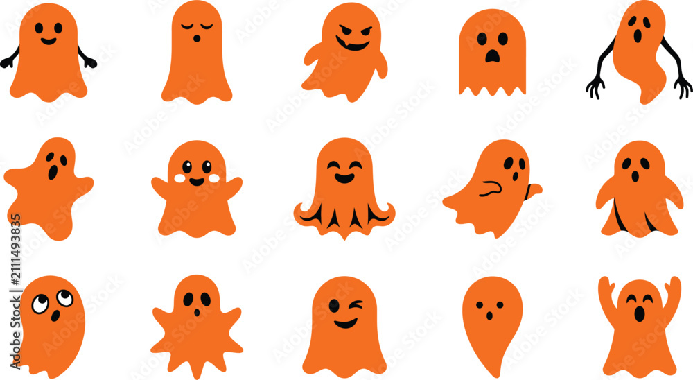 Fototapeta premium Set of cute orange ghost characters with skull and cat elements for fun halloween party sticker designs