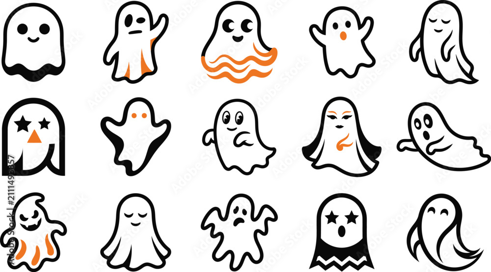 Fototapeta premium Set of hand drawn halloween ghost illustrations featuring a cute cat and skull character doodle collection